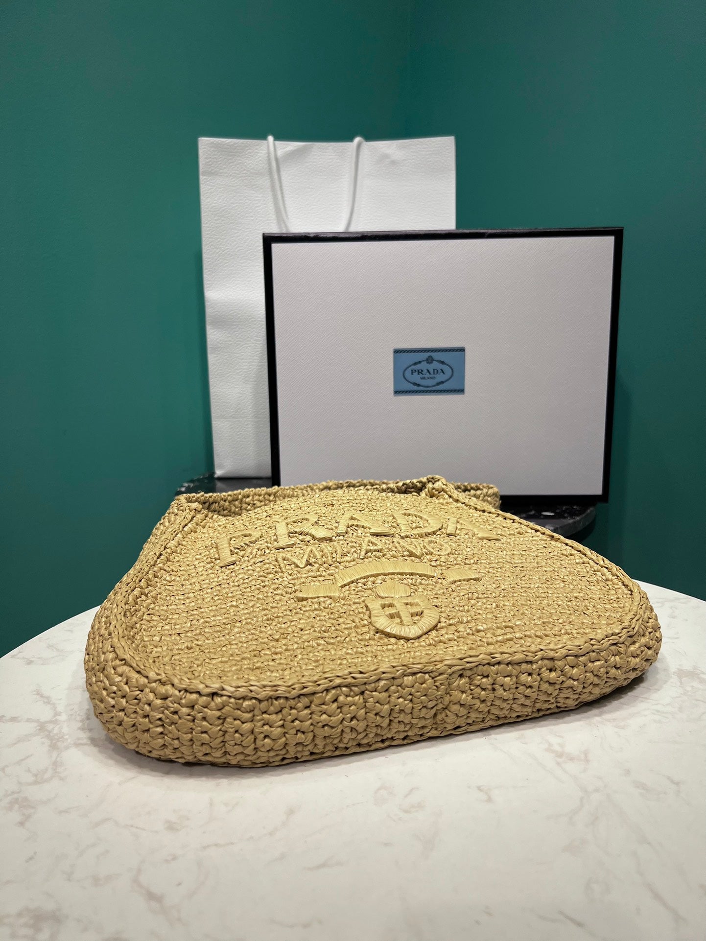 Prada Raffia Round Tote - 30x24x4.5cm