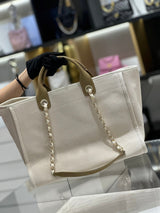 Chanel Natural Canvas and Tan Leather Large Pearl Deauville Tote - 30x39x22cm
