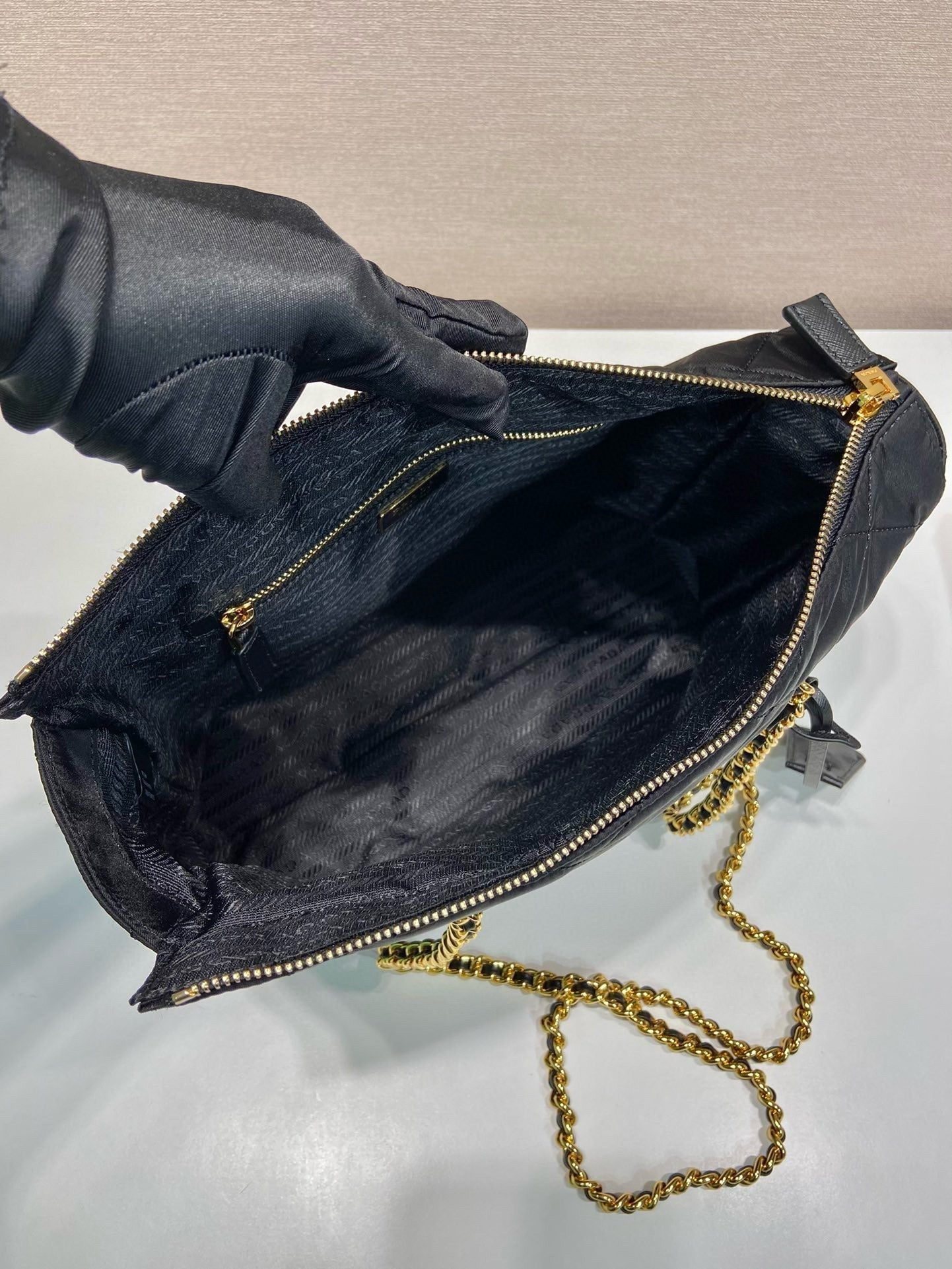 Prada Gold Chain Bag Black Re-Nylon