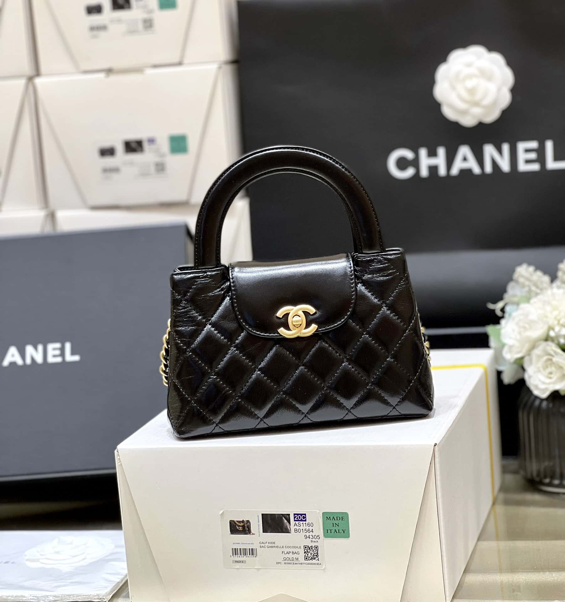 Chanel Kelly Mini Shopping Bag Mini 23K Shiny Aged Calfskin Black 13x19x7cm