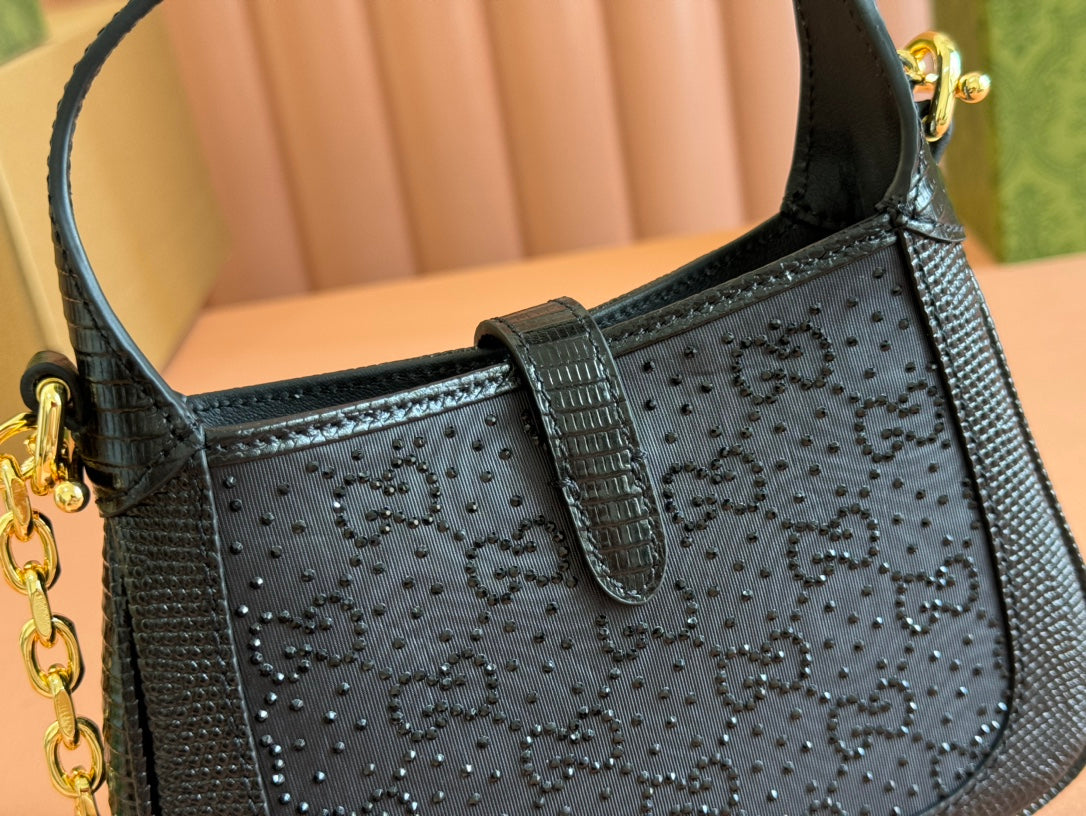 Gucci Jacket Bag Black Lizard Rhinestones 248590